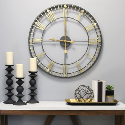 Oversized Vintage Style Metal Wall Clock  Black  Gold Numerals