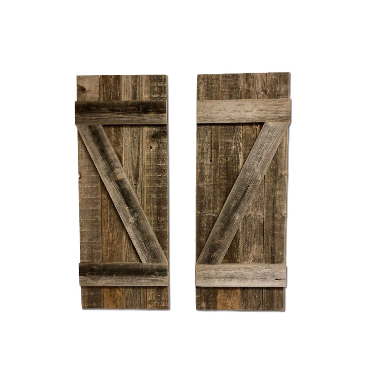 Set Of 2 Rustic Natural Weathered Grey Wood Window Shutters With Hanger