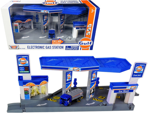 "Gulf" Electronic Gas Station Diorama with Light and Sound and Tanker Truck 1/64 Model by Motormax