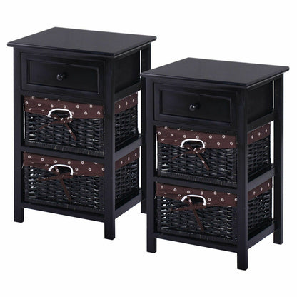 3 Tier Set of 2 Wood Nightstand with 1 and 2 Drawer -Black - Color: Black