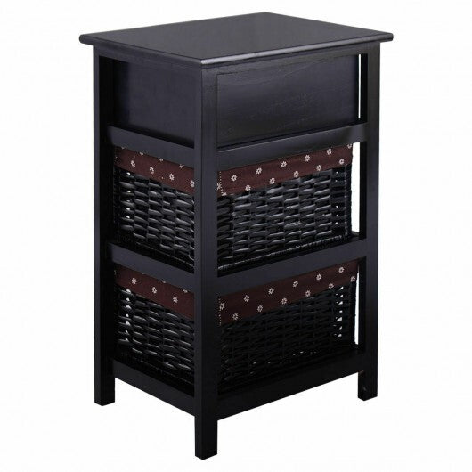 3 Tier Set of 2 Wood Nightstand with 1 and 2 Drawer -Black - Color: Black