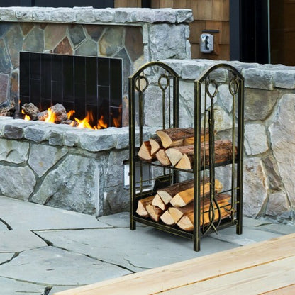 Fireplace Log Rack with 4 Pieces Fireplace Tools-Bronze - Color: Bronze