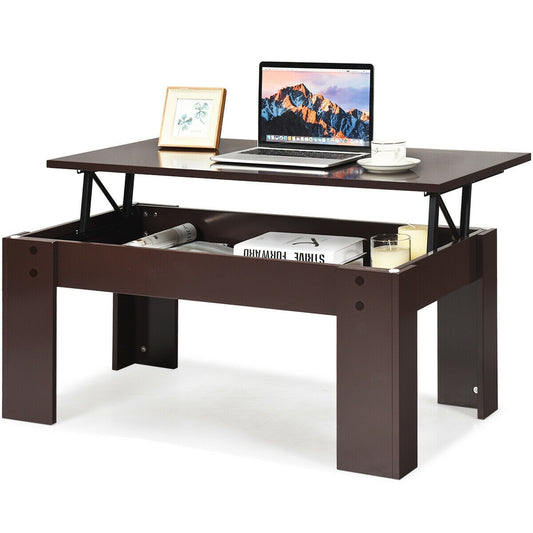Lift Top Coffee Pop-UP Cocktail Table-Brown - Color: Brown