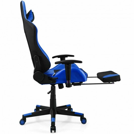 PU Leather Gaming Chair with USB Massage Lumbar Pillow and Footrest -Blue - Color: Blue