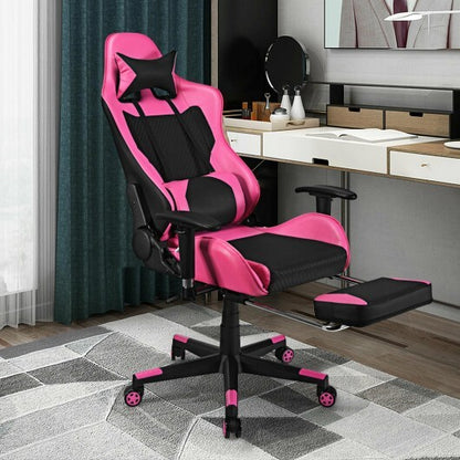 PU Leather Gaming Chair with USB Massage Lumbar Pillow and Footrest -Pink - Color: Pink
