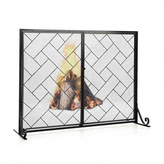 3-Panel Folding Wrought Iron Fireplace Screen with Doors and 4 Pieces Tools Set-Black - Color: Black